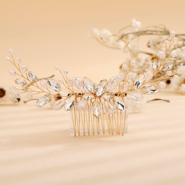 Rumtock Rhinestones Beads Long Gold Hair Comb for Wedding Brides Women Girls Handmade Hair Piece Vintage Handmade Jewelry (Gold)