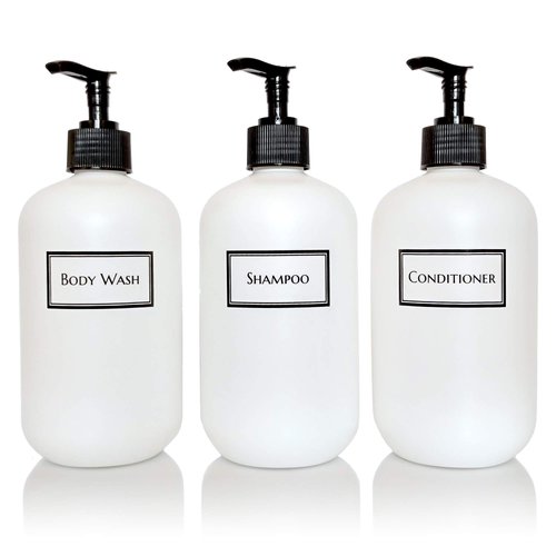 Artanis Home Silkscreened Empty Shower Bottle Set for Shampoo, Conditioner, and Body Wash, Squat 16 oz 3-pack, White (Black Pumps)
