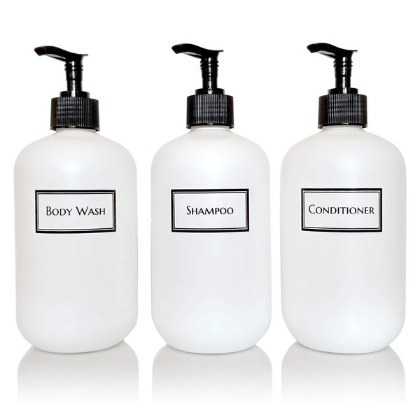 Artanis Home Silkscreened Empty Shower Bottle Set for Shampoo, Conditioner, and Body Wash, Squat 16 oz 3-pack, White (Black Pumps)