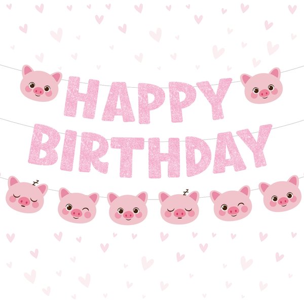 Pink Pig Happy Birthday Banner Pig Garland Cute Pig Birthday Party Supplies for Girl Pig Theme Birthday Decoration Piggy Party Supplies
