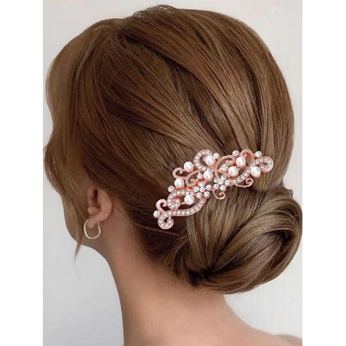 Latious Bride Wedding Hair Comb Rhinestones Bridal Hair Accessories Pearl Hair Piece Decorative Hair Clip for Women and Girls(Rose Gold)