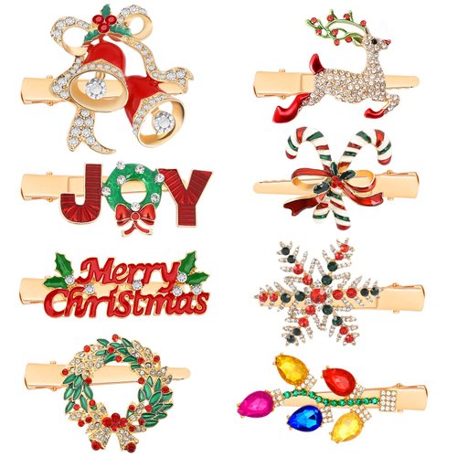 AUGSUN 8Pcs Christmas Rhinestone Hair Clips Barrettes Xmas Crystal Snowflake Wreath Reindeer Bell...