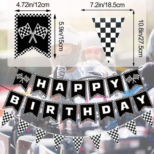 MEETINGU Black and White Checkered Flags and Race Car Happy Birthday Banner, Racing Checkered Flag Banner Race Car Birthday Party Decorations for Kids Boys Birthday Baby Shower Home Decorations