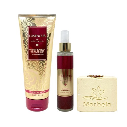 Bath & Body Works Luminous Body Cream and Diamond Shimmer Mist Gift Set with a Creamy Rose Bar Soap - Full Size