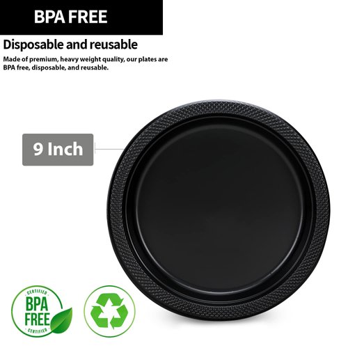 Hanna K. Signature Collection Black Plastic Plates 9 Inch - 50 count - Plastic Solid Round Party Plates For Weddings, BBQs, Birthday Plates - Disposable Black Plates - Plastic Dessert Plates
