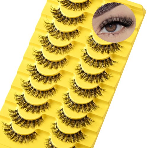 QUNETY Wispy Lashes Natural Eyelashes with Clear Band 3D Curl Strip Lashes Pack 10 Pairs Fake Eyelash Reusable Eye Lash Sets False Lashes Natural Look Short Lash Strips