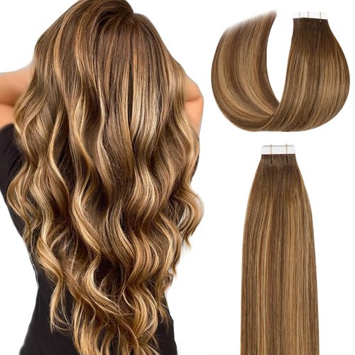 Lacer Tape in Hair Extensions Remy Human Hair 20 Pieces 50 Grams Chocolate Brown to Strawberry Blonde Highlights with Chocolate Brown Roots R#4-4/27 22 Inches