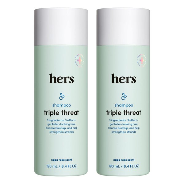 hers Triple Threat Shampoo 2 Pack - Thickening Shampoo for Women with Biotin, Saw Palmetto, Pumpkin Seed Oil - Reduces Shedding - Light Rose Scent - 2 Pack, 6.4oz