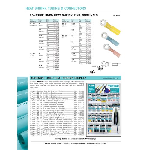 Ancor 311599 Marine Grade Electrical Nylon Insulated Adhesive Lined Heat Shrink Ring Terminals (16 to 14-Gauge, Size 5/16 Screw, 100-Pack)