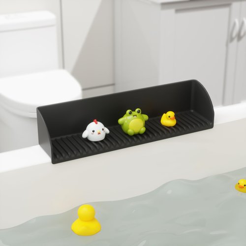 Bathtub Splash Guard for Tub - Silicone Tub Water Splash Guard with 4 Suction Cups, Bath Toy Tray Holder, Tub Shelf for Kids, Bathroom Accessories for Children, Toddler & Baby Bath, 1Pack, Black