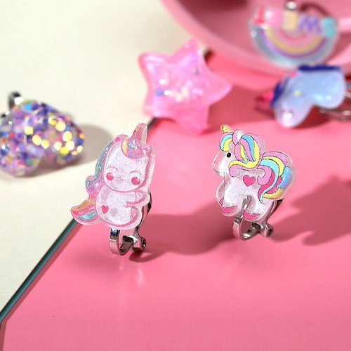 PinkSheep Unicorn Clip On Earrings for Little Girls, Bling Earrings Rainbow Earrings for Kids, 6 Pairs, Best Gift