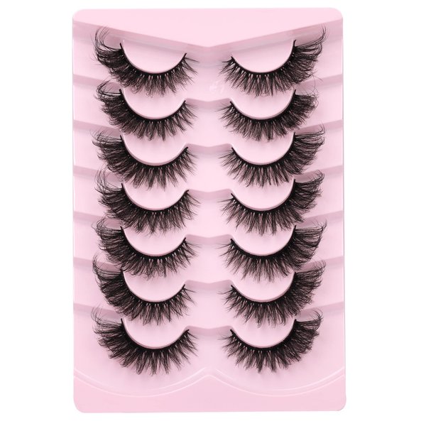 Cat Eye Fake Lashes Dramatic False Eyelashes Faux Mink Lashes Extension Wispy Fluffy Natural Look 7 Pairs Pack Fox Eye Lash 8D Volume Thick long Reusable Light Cruelty-Free