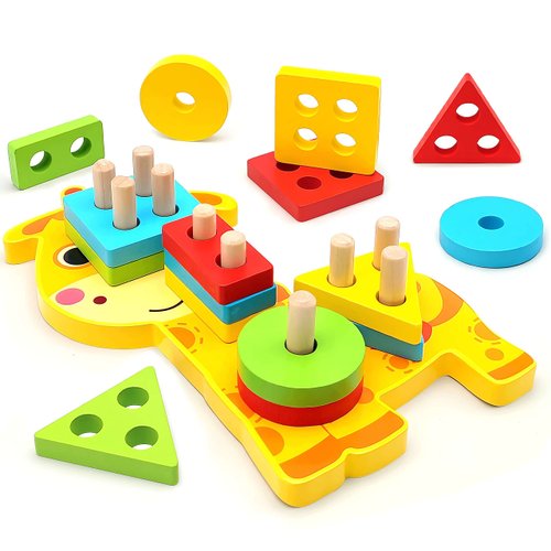 TOLOLO Montessori Toys for 1 2 3 4 Year Old Boy Girl, Sensory Wooden Sorting and Stacking Toy for Toddlers 1-3, Educational Learning Toy for Baby, Color Recognition Shape Sorter Toddler Toys Age 1-2