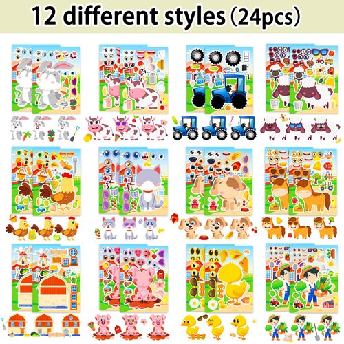 24 Sheets 8.3''×5.9'' Make Your Own Farm Animals Stickers for Toddlers Kids Party Favors, Make a Face Stickers for Kids Activities Supplies Crafts