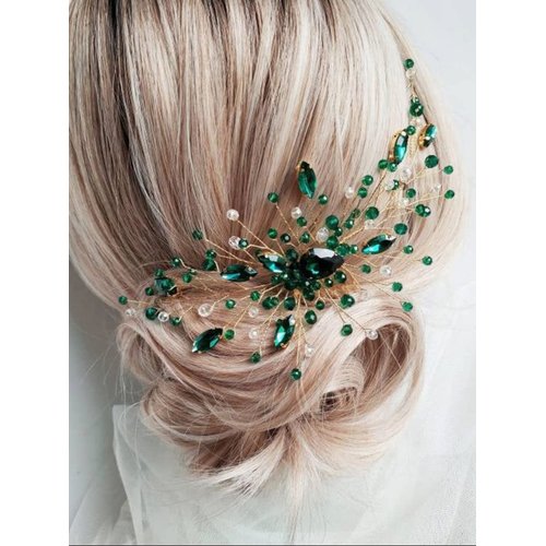 Teyglen Bridal Wedding Gold Crystal Hair Comb Green Rhinestone Crystal Side Hair Comb Flower Crystal Headpiece Bride Hair Accessories for Women and Girls