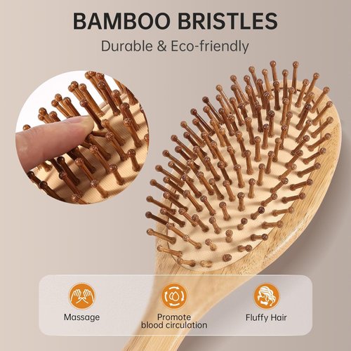 Bamboo Paddle Hair Brush, Natural Bamboo Bristles Detangling Wooden Hairbrush for Massaging Scalp, for Women Men and Kids, for All Hair Types (roundness)