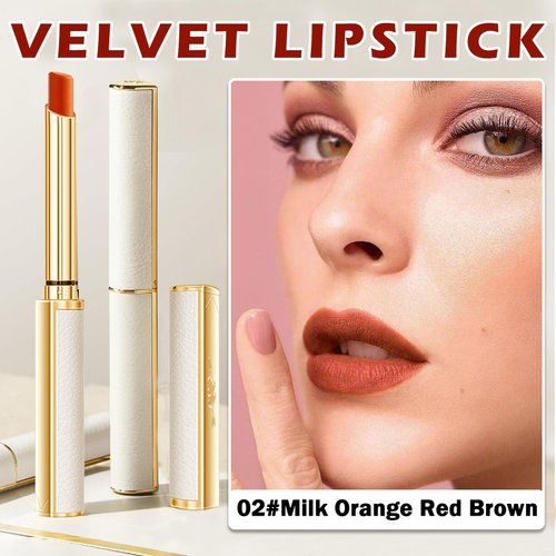 CAHIUYOA 2PCS Red Brown Matte Lipstick Set for Women Natural Velvet Matte Lipstick Moisturizing Long Lasting Lip Gloss Non-Stick Cup Lip Stick Makeup - 02 Orange Red Brown