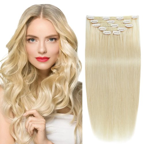 14" Remy Human Hair Clip in Extensions for Women Thick to Ends Bleach Blonde(#613) 6Pieces 70grams/2.45oz