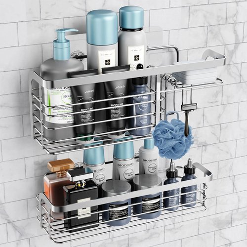 Smatorga Adhesive Shower Caddy 2 Pack Shower Organizer Shelf, No Drilling Stainless Steel Bathroom Storage Rack for Inside Shower Shampoo Conditioner Holder,Silver (Shower Caddy Sliver)