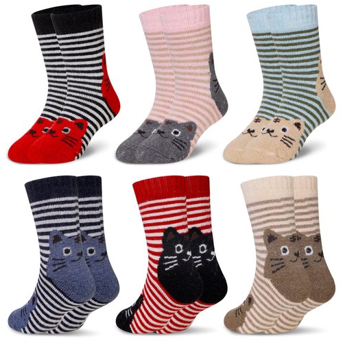Eocom 6 Pairs Children's Winter Warm Wool Animal Crew Socks Kids Boys Girls Socks(8-12 Years,Cat)