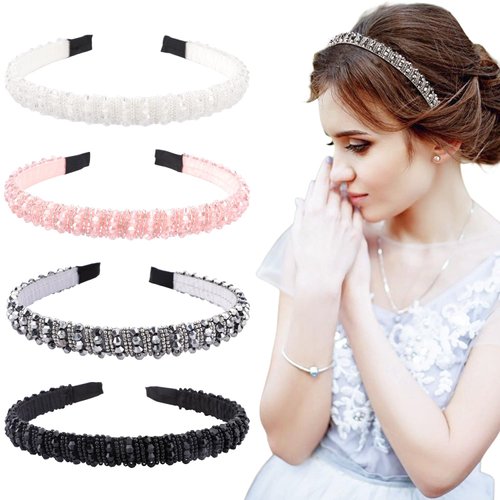 SuPoo 4pcs Rhinestone Headband Beaded Hairbands Thin Crystal Headbands for Women's Hair Wedding Bling Sparkly Diamond Hair Band Bride Hair Accessories Girls Headpiece diademas para mujer de moda
