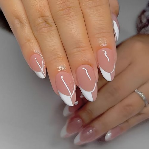 ArtiClaws Press On Nails Medium Almond Nude Pink French Tip 24 Pcs Nails Press ons Acrylic Glossy Artificial Nails Prep Kit