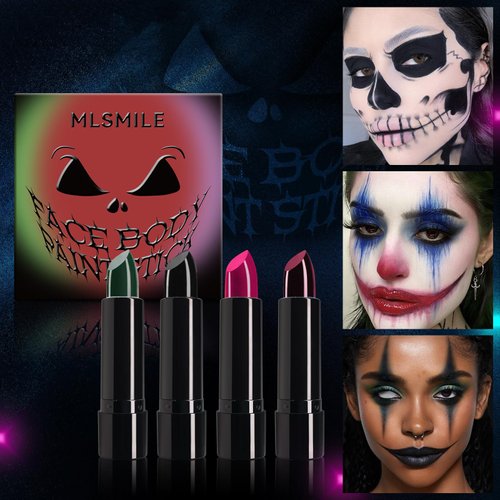 4 Colors Halloween Face Body Paint Lipstick, Cream Eye Black Stick for Baseball, High Pigmented Clown SFX Foundation Cream Makeup for for Sports Festival Halloween Cosplay Goth Costume Makeup (B#)