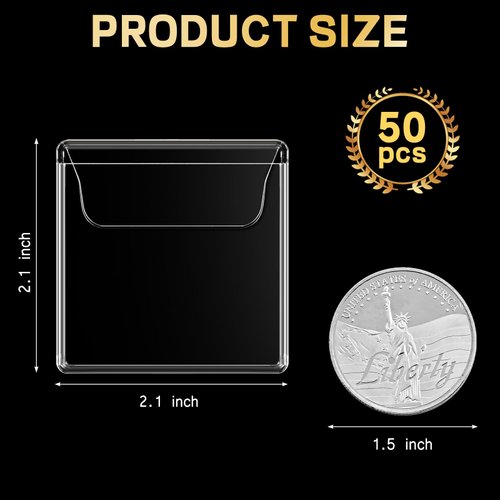 Mauproy 50PCS Single Pocket Coin Sleeves, 2.1 x 2.1 Inches Clear Plastic Coin Holders Individual Coin Protectors Small Pouches for Coin Currency Bills Collectors