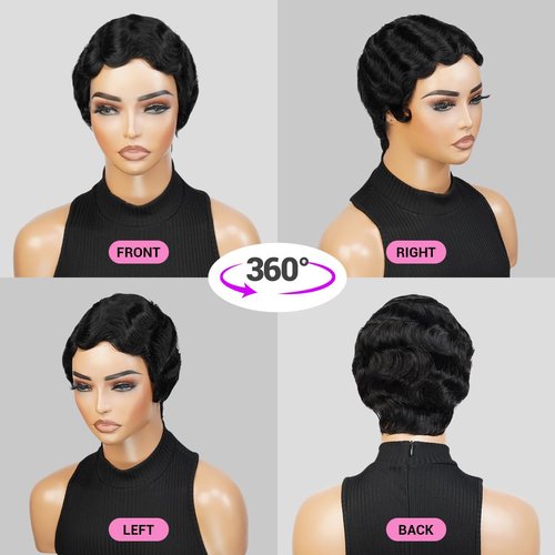 INSTANT FAB Finger Wave Human Hair Wigs for Black Women Short Mommy Wig Curly Remi Human Hair Wig Pixie Cut Wigs Nuna Wigs Non Lace Front Wigs (NATURAL BLACK)