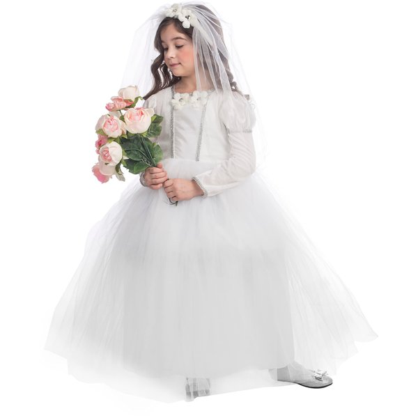 DDress-Up-America Bride Costume for Girls - Princess Wedding Gown - Bridal Dress and Veil Dress Up Set for Kids (Small)