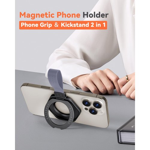 OATSBASF Magnetic Phone Grip Holder, 360°Rotation Ring Kickstand, Compatible with MagSafe Ring Removable, Compatible with MagSafe Accessories for iPhone 16/15/14/13/12 Series&Android (Black)