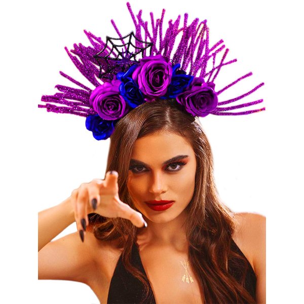 Campsis Halloween Halo Floral Crown Headband Sequins Flower Day of the Dead Crown Spiders Festival Halloween Costume Headdress for Women and Girls