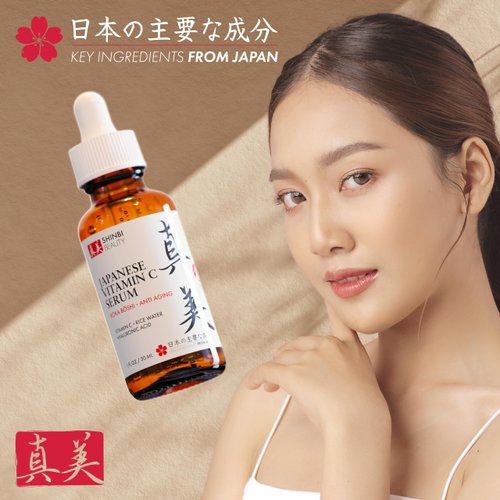 Shinbi Beauty Japanese Vitamin C Serum With Rice Water + Hyaluronic Acid - Japan Skincare Products for Anti Aging Anti Wrinkle J Beauty Glow 1oz