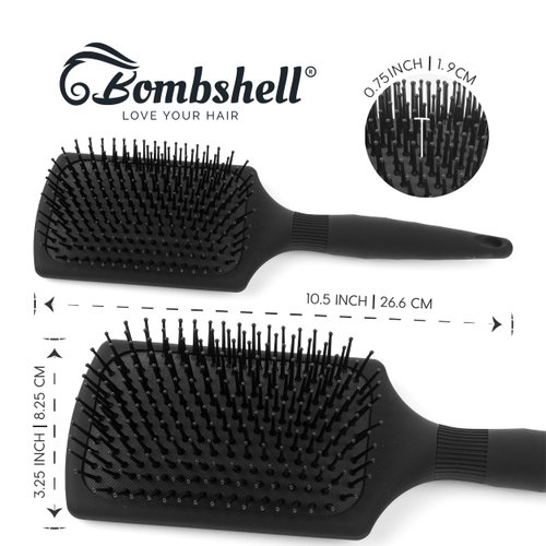 Bombshell Paddle Brush with 5.6" handle, Static Free Cushioned Paddle Hair Brush with Nylon Bristles, for Blow Drying, Styling and Straightening comes with fabric pouch