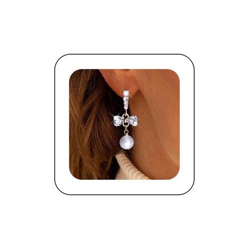 Sttiafay Vintage Crystal Pearl Dangle Earrings Rhinestone Bow Drop Earrings Cz Pearl Earrings Gold Pearl Bow Stud Earrings Jewelry for Women
