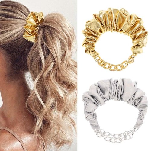 Bartosi Bracelet Hair Scrunchies Gold Metal Chain Hair Ties Scrunchy Elastic Bobble Ponytail Holder Hair Accessories for Women (Pack of 2)