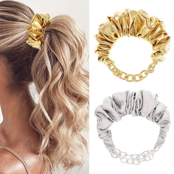 Bartosi Bracelet Hair Scrunchies Gold Metal Chain Hair Ties Scrunchy Elastic Bobble Ponytail Holder Hair Accessories for Women (Pack of 2)