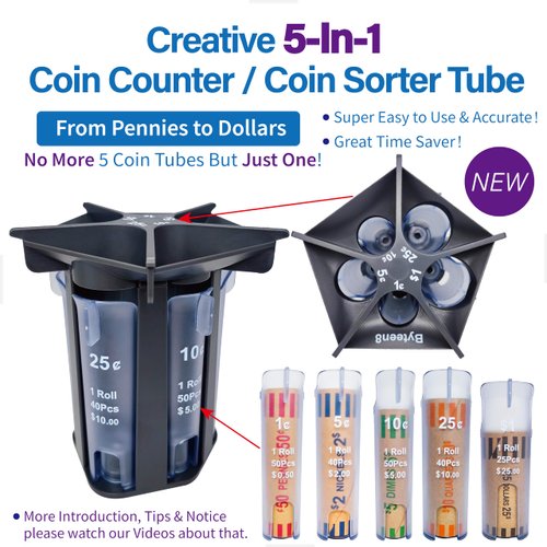 Byteen8 Coin Counter Coin Sorter Tube｜Creative 5-in-1 Change Sorter Coin Organizer｜Change Counter Machine Coin Roller｜Coin Bank Holder Coin Wrappers｜Super Easy to Use & Accurate｜Great Gift for Kids