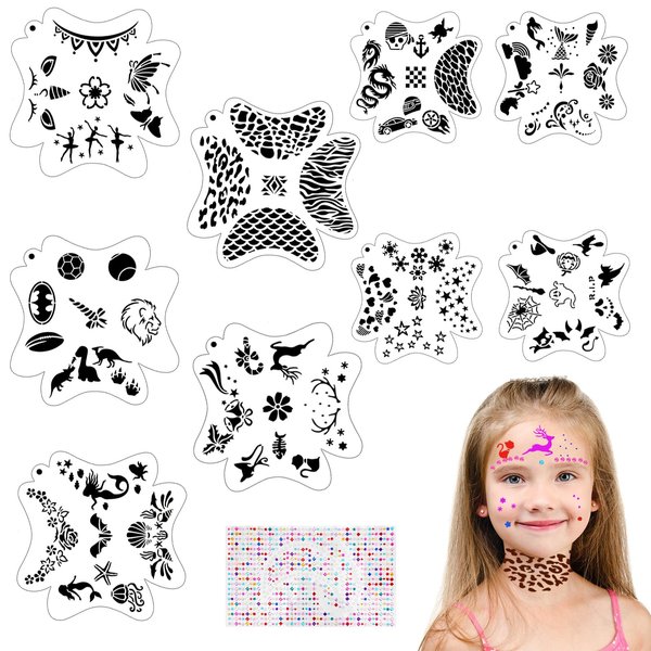OOTSR 9 Pcs Face Paint Stencils with 861 Pcs Gems Stickers, Body & Face Painting Template for Party Holiday Halloween Makeup Art Painting, Reusable Soft Tattoo Stencils for Adults Children