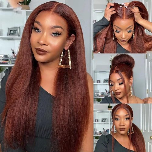 Auburn Bundles Human Hair Color 33 Yaki Straight Human Hair Bundles 20 22 24 inch Double Weft Copper Red Bundles Extensions Double Weft Wet and Wavy Bundles Silky and Soft for Black Women
