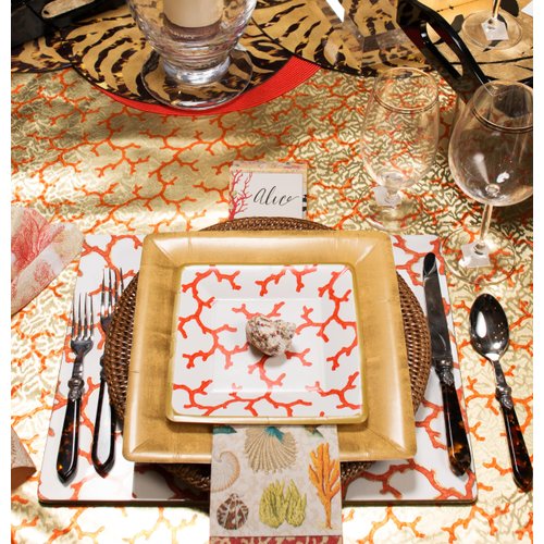 Entertaining with Caspari Square Dinner Plates, Gold Leaf/Ivory, 8-Pack