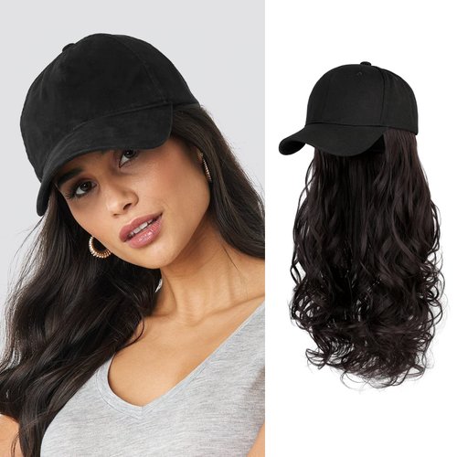 AynnQueen Baseball Cap with Detachable Hair Extensions for Women 21 inch Long Wavy Synthetic Hair with Adjustable Hat Wig Attached Black Baseball Cap (Dark Brown)