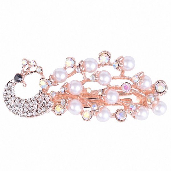 Womens Barrettes Women Crystal Simulated Pearl Peacock Barrettes Hairpins Elegant Animal Hair Clips Gold-color