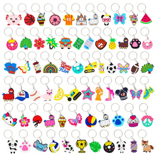 70PCS Cartoon Keychains Bulk for Kids Party Favors, Backpack Keychains Candy, Donut, Ball, Cartoon Animal Axolotl, Sloth, Hawaii Styles keychains for School Day, Classroom Prizes, Birthday Party
