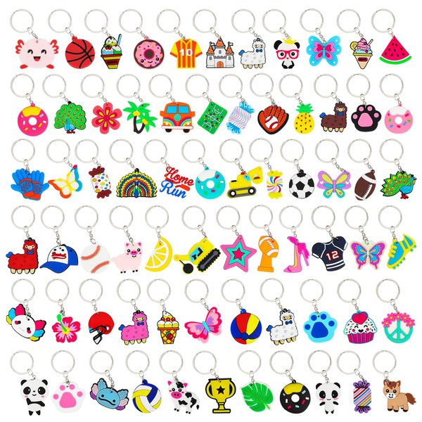 70PCS Cartoon Keychains Bulk for Kids Party Favors, Backpack Keychains Candy, Donut, Ball, Cartoon Animal Axolotl, Sloth, Hawaii Styles keychains for School Day, Classroom Prizes, Birthday Party