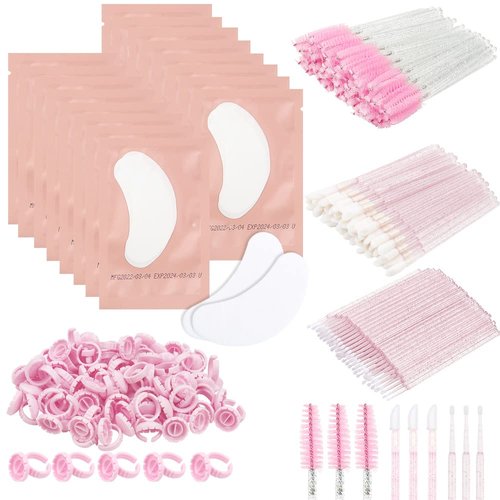 500 Pcs Eyelash Extension Supplies Kit Includes 4x100PCS Eyelash Spoolie Brush,Lip Stick brush, Micro Applicator Brush,Lash Glue Holder Rings and 100 Pair Under Eye Gel Pads (Kit-B)