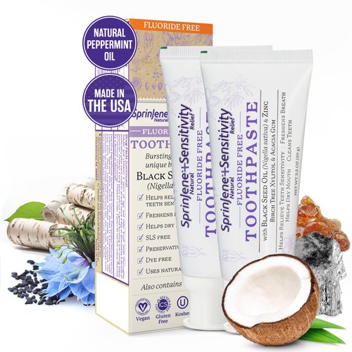 Sprinjene Fluoride Free Toothpaste for Sensitive Teeth & Gum Fresh Breath Helps Dry Mouth Natural Non Fluoride Toothpaste for Adult SLS Free, Toxic Preservative Free with Black Seed Oil & Zinc 2 Pack