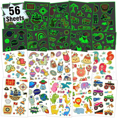 Partywind 56 Sheets (615 Styles) Luminous Kids Temporary Tattoos, Exclusive Kids Tattoo Stickers with Dinosaur/Mermaid/Pirate/Cars, Glow Birthday Party Supplies Favors for Boys Girls