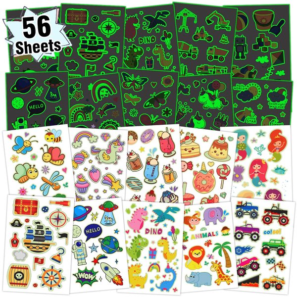 Partywind 56 Sheets (615 Styles) Luminous Kids Temporary Tattoos, Exclusive Kids Tattoo Stickers with Dinosaur/Mermaid/Pirate/Cars, Glow Birthday Party Supplies Favors for Boys Girls