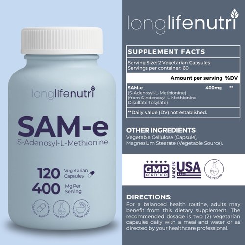 LongLifeNutri SAM-e 400mg – 120 Vegetarian Capsules, Methylated S-Adenosylmethionine for Joint Mobility & Flexibility, 2-Month Supply, No Fillers, GMP Certified, Made in USA